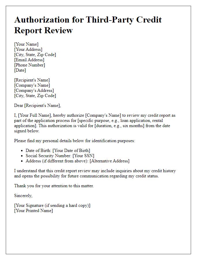 Letter template of authorization for third-party credit report review