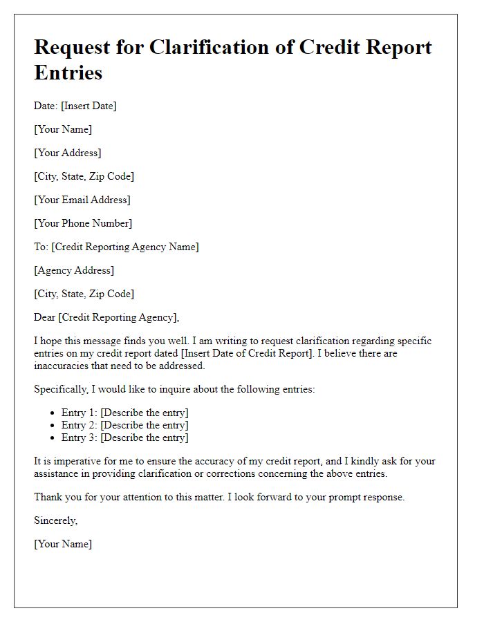 Letter template of clarification request for credit report entries