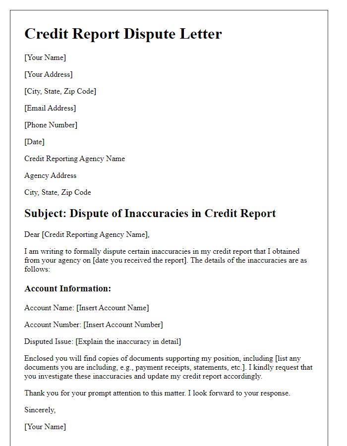 Letter template of dispute for inaccuracies in credit report