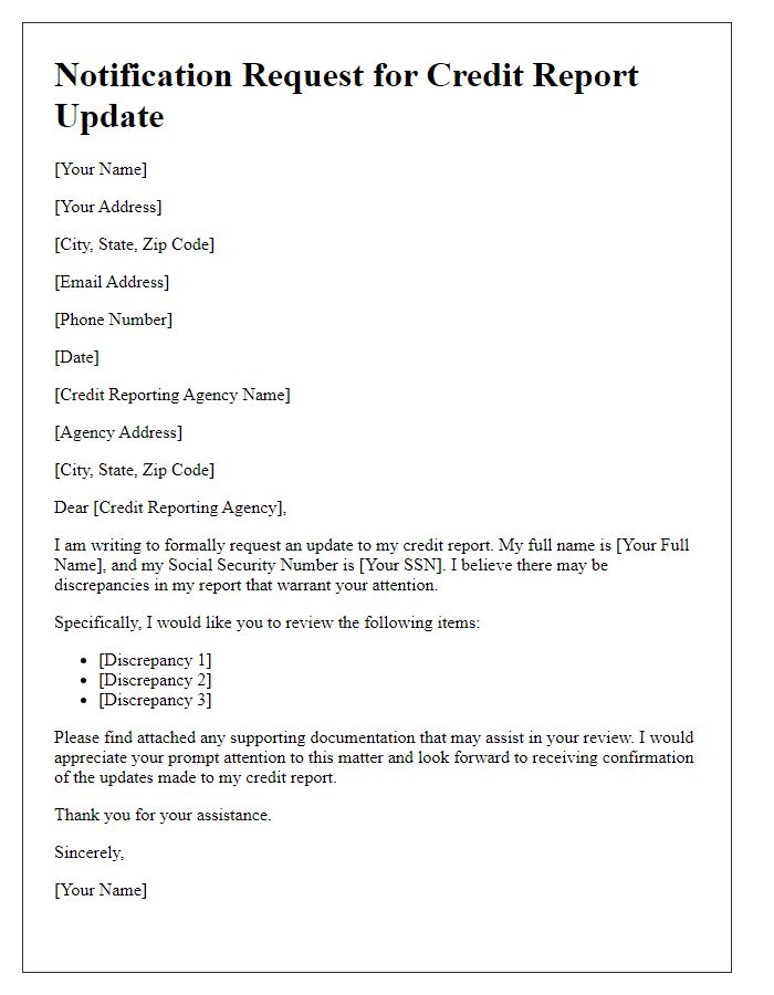 Letter template of notification request for credit report update