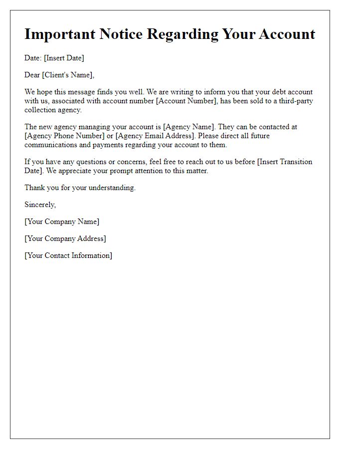 Letter template of notice for clients on sold debt accounts