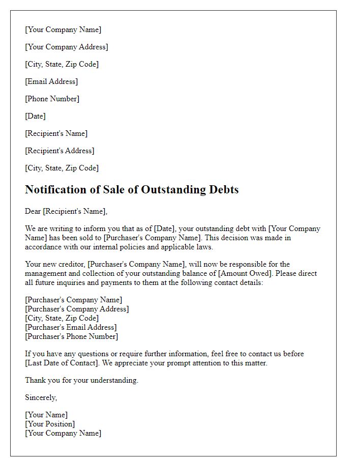 Letter template of notification regarding sale of outstanding debts