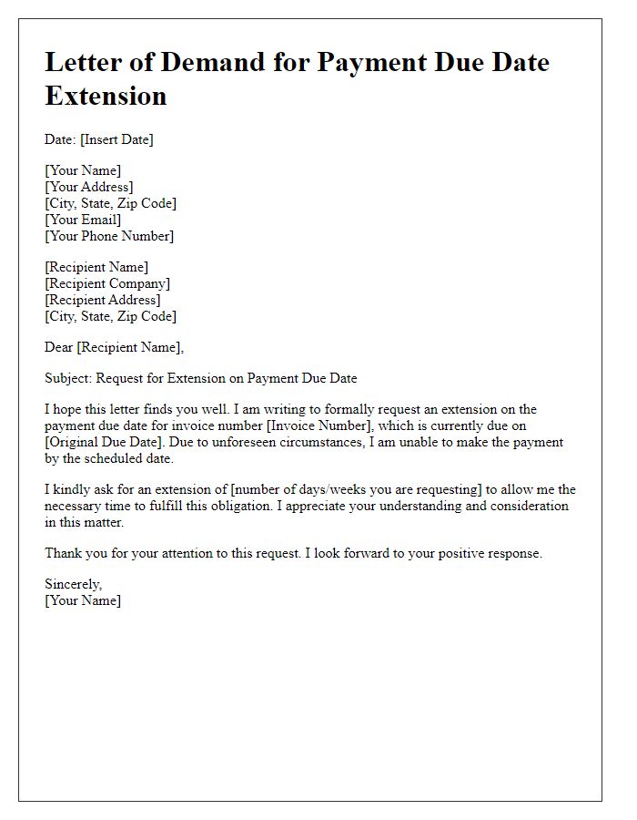 Letter template of demand for extension on payment due date