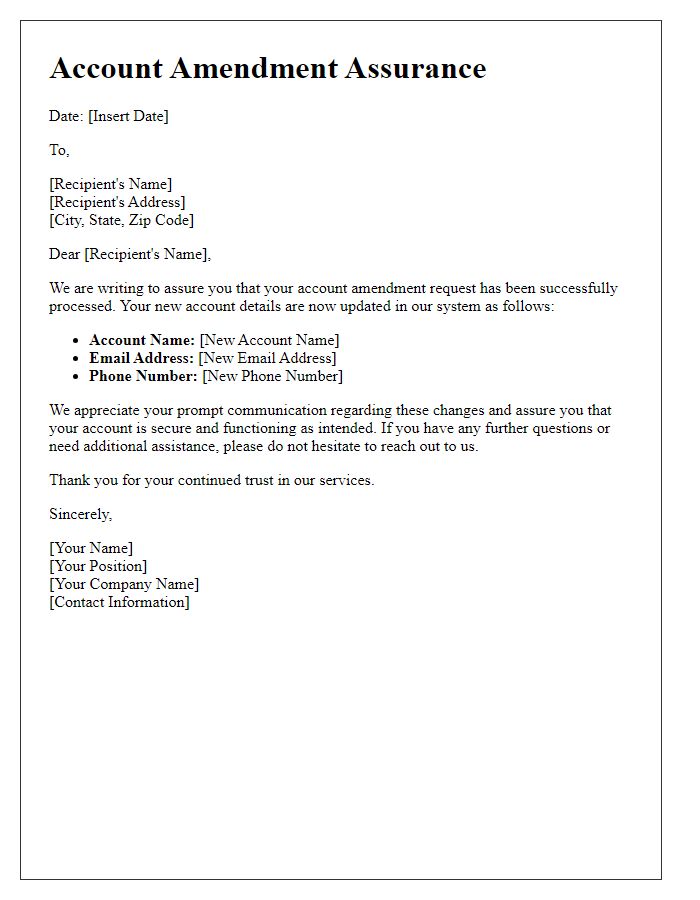 Letter template of account amendment assurance.