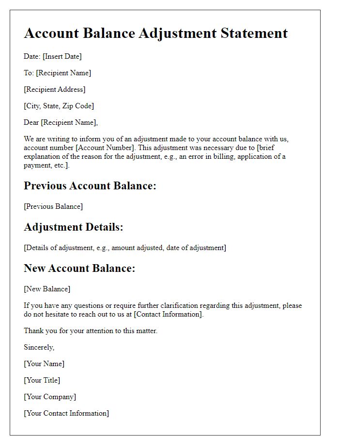 Letter template of account balance adjustment statement.