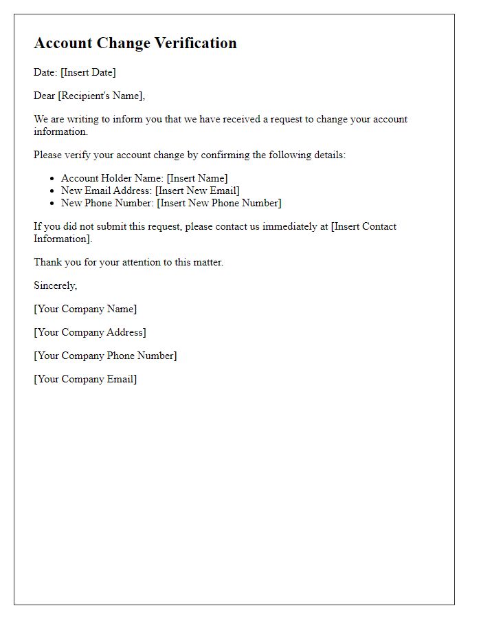 Letter template of account change verification.