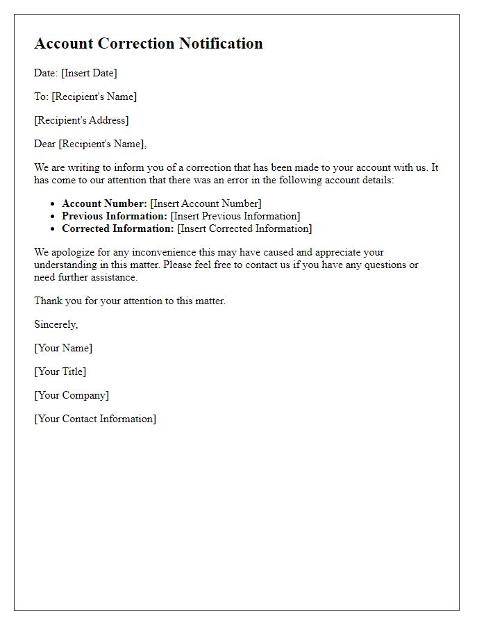 Letter template of account correction notification.