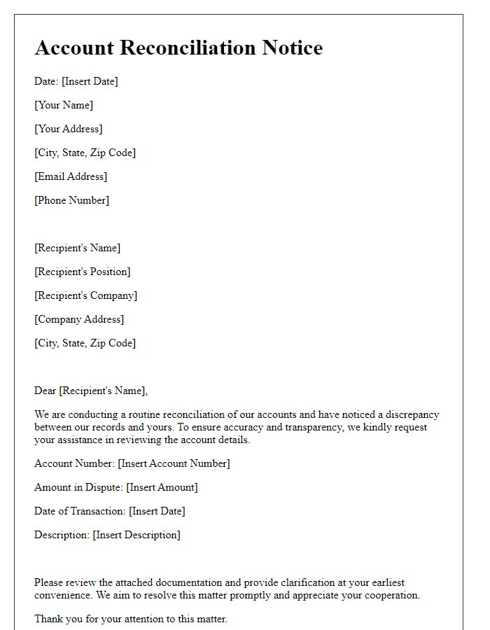 Letter template of account reconciliation notice.