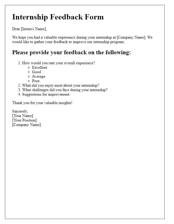 Letter template of feedback form for internship review