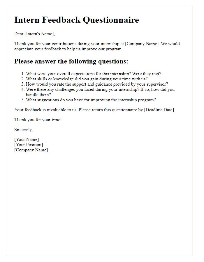 Letter template of intern feedback questionnaire