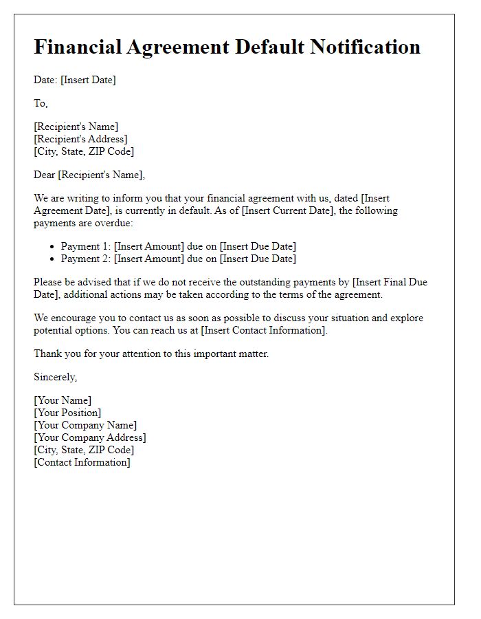 Letter template of financial agreement default