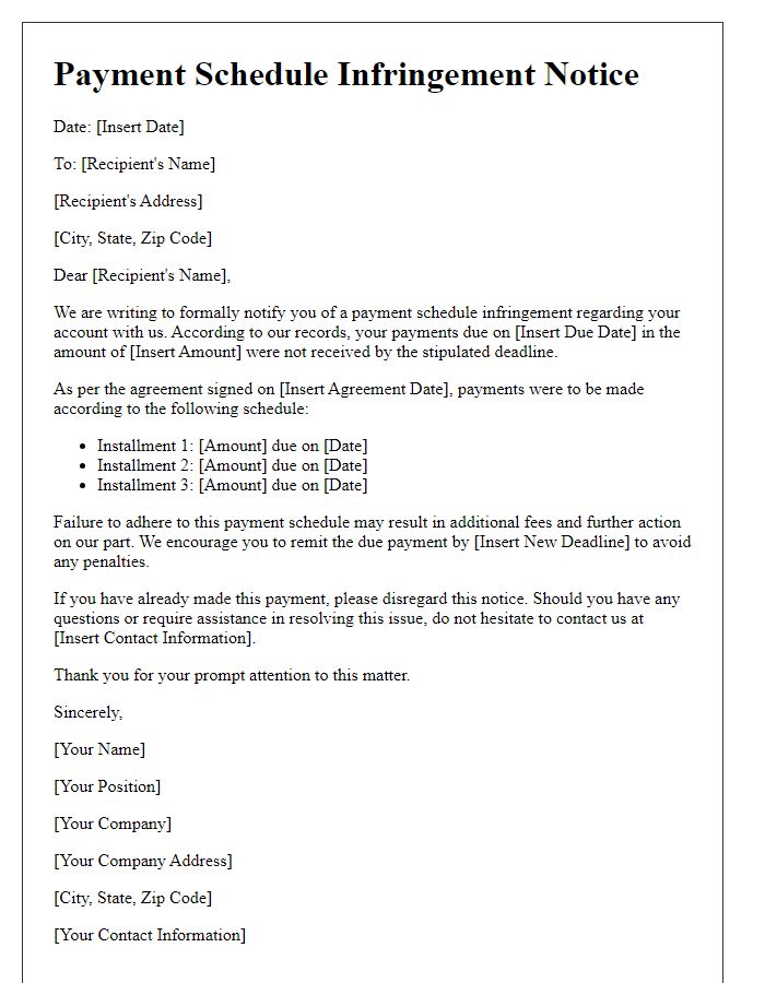 Letter template of payment schedule infringement