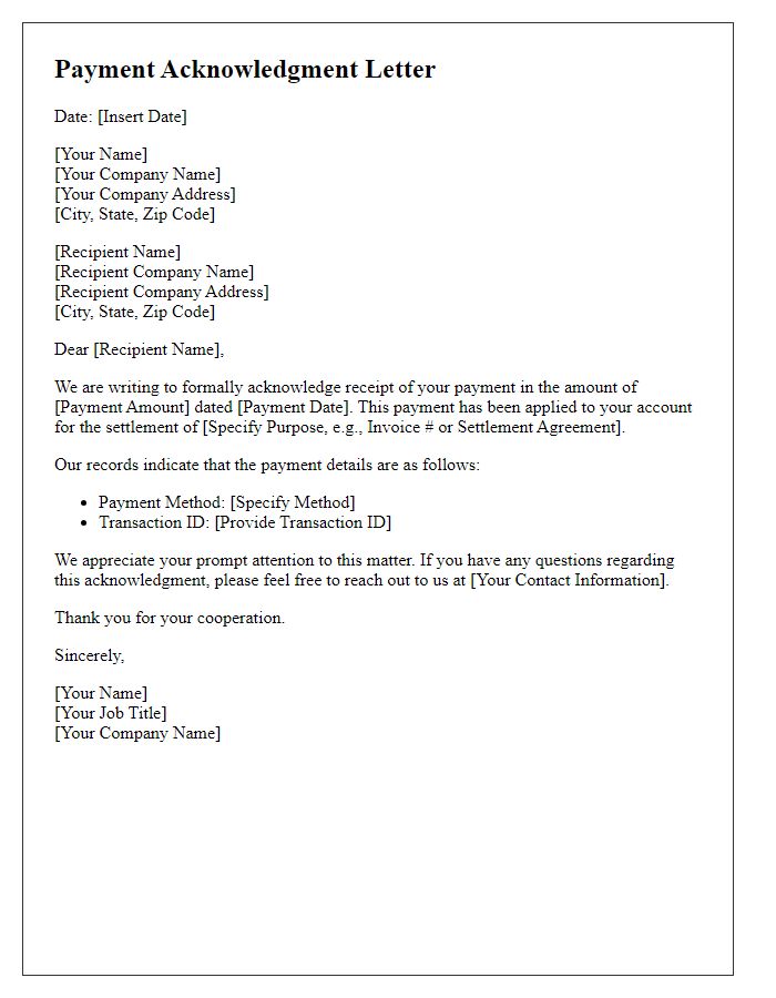 Letter template of acknowledgment of payment for settlement