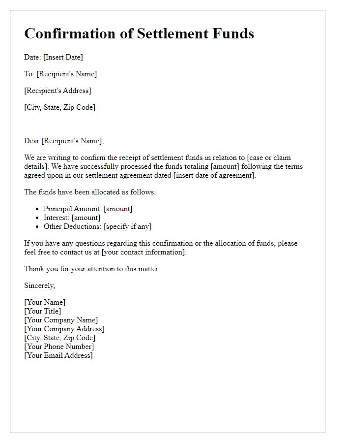 Letter template of confirmation regarding settlement funds