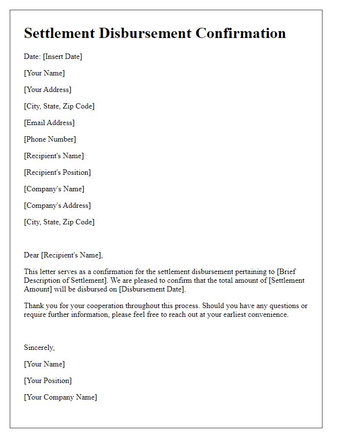 Letter template of confirmation for settlement disbursement