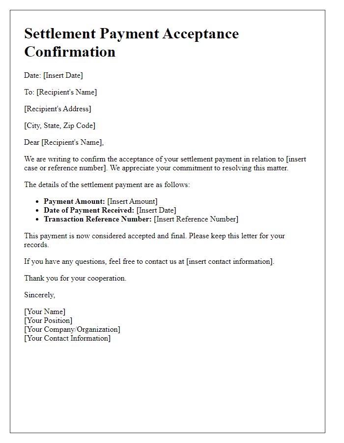 Letter template of settlement payment acceptance confirmation