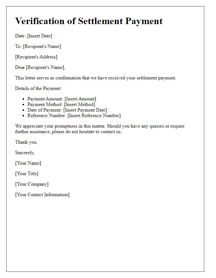 Letter template of verification of settlement payment received