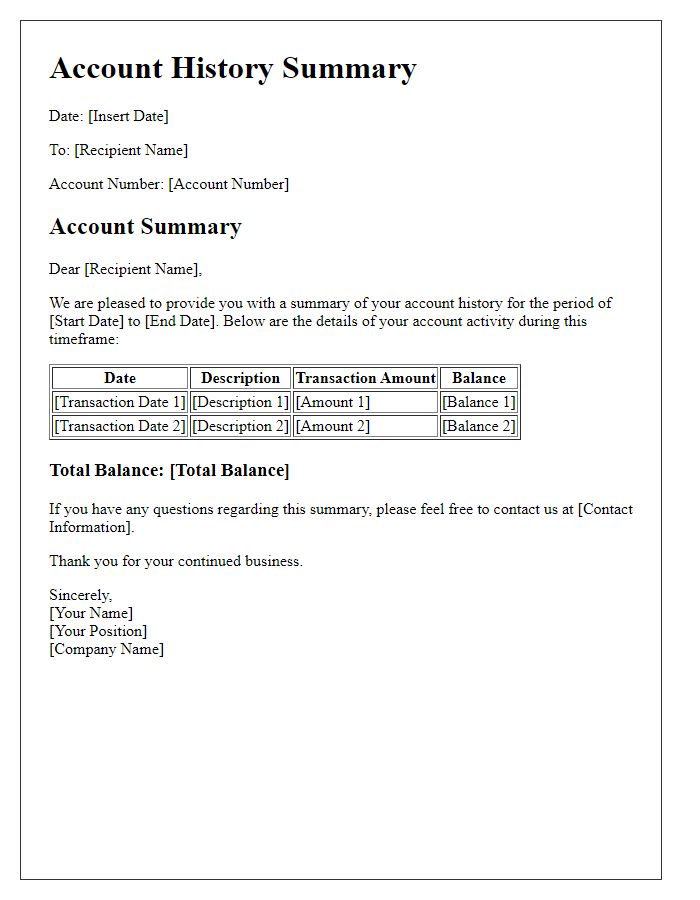 Letter template of account history summary