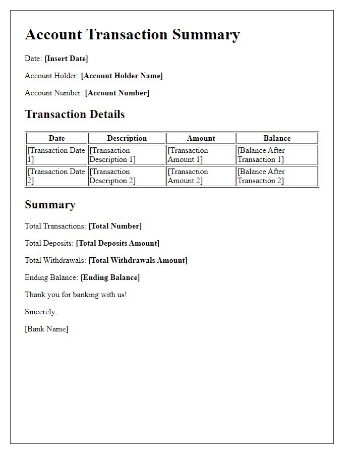 Letter template of account transaction summary