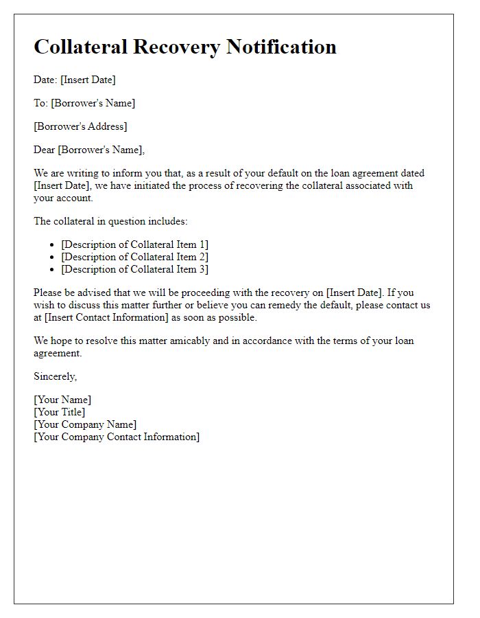 Letter template of Collateral Recovery Notification