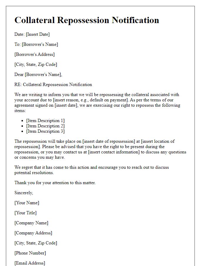 Letter template of Collateral Repossession Notification