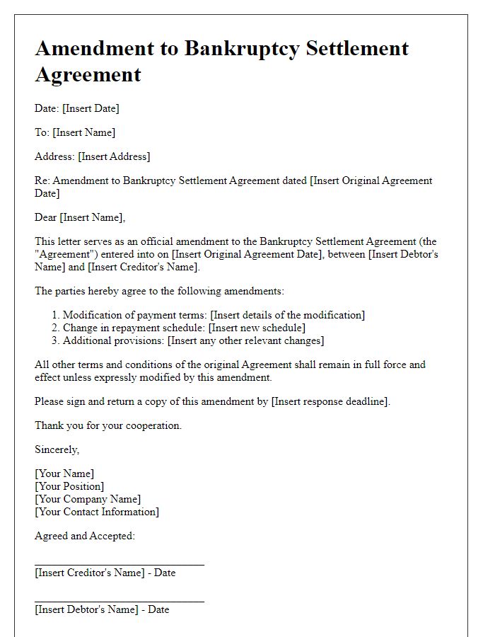 Letter template of bankruptcy settlement agreement amendment