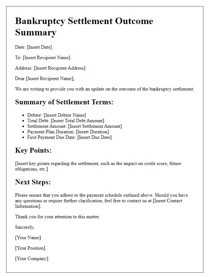 Letter template of bankruptcy settlement outcome summary