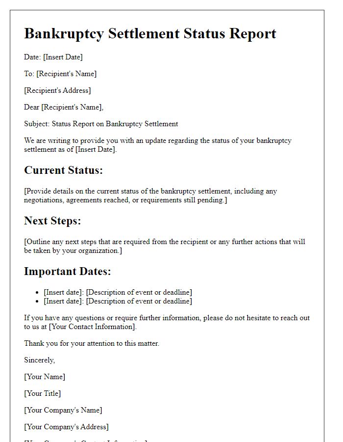 Letter template of bankruptcy settlement status report