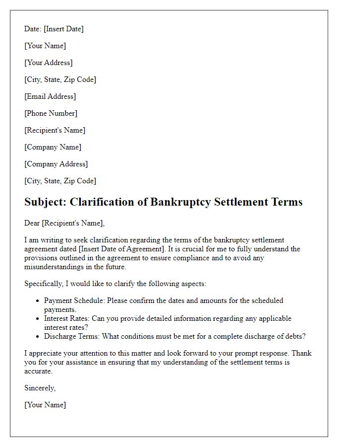 Letter template of bankruptcy settlement terms clarification