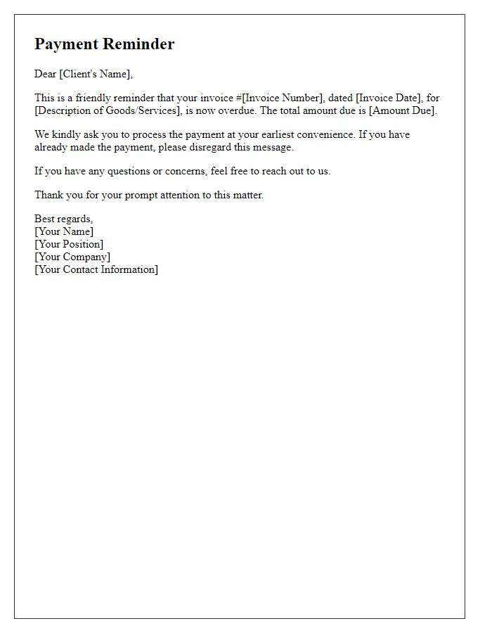 Letter template of payment reminder for overdue invoice