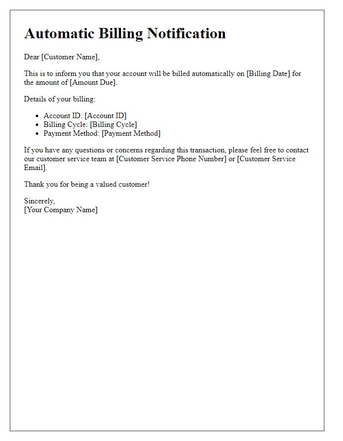 Letter template of automatic billing notification