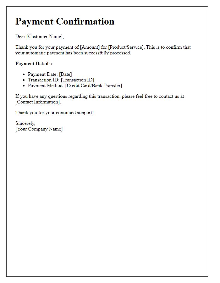 Letter template of automatic payment confirmation