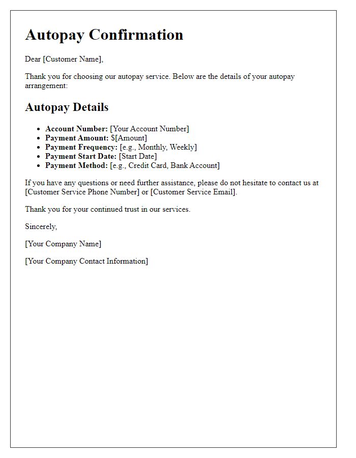 Letter template of autopay details