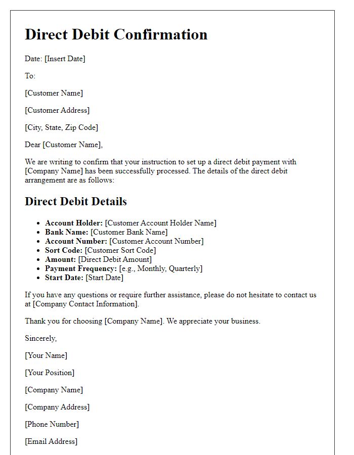 Letter template of direct debit confirmation