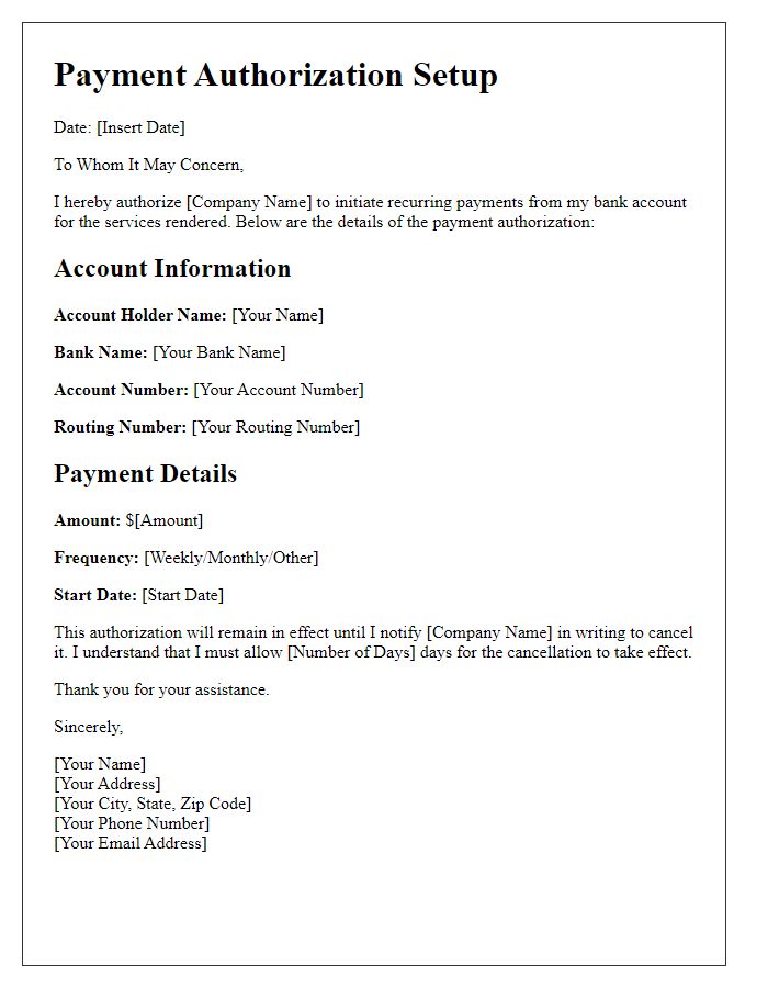 Letter template of payment authorization setup