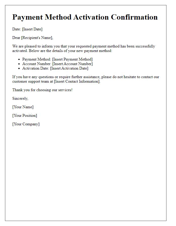 Letter template of payment method activation