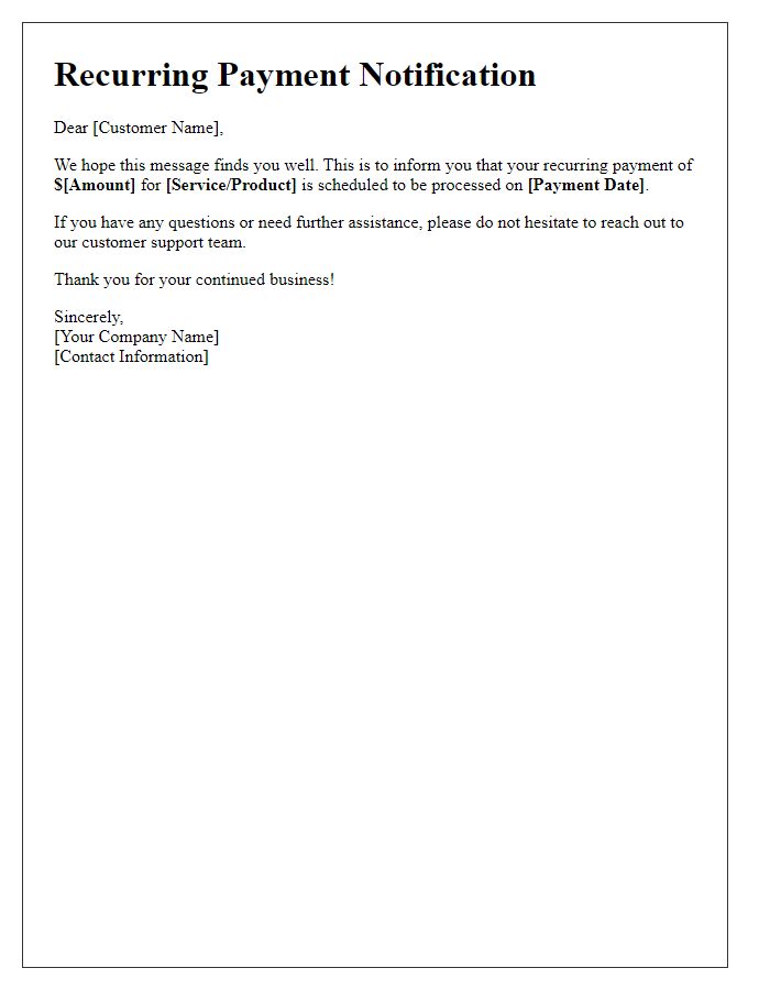 Letter template of recurring payment notification