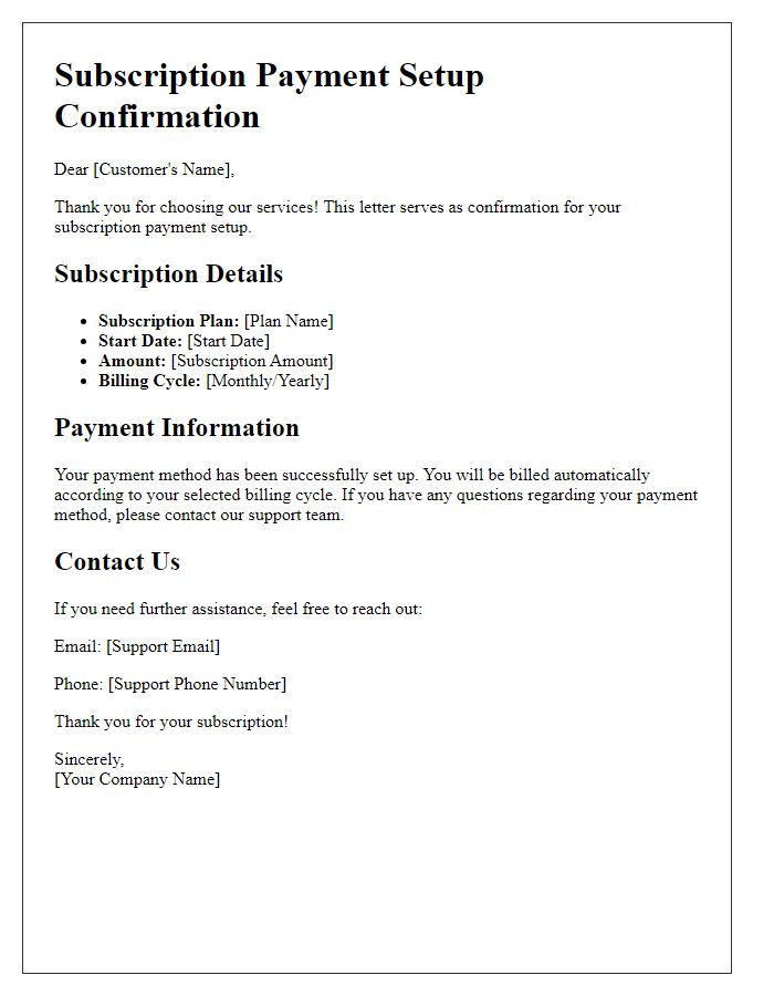 Letter template of subscription payment setup