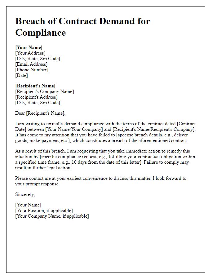 Letter template of breach of contract demand for compliance.