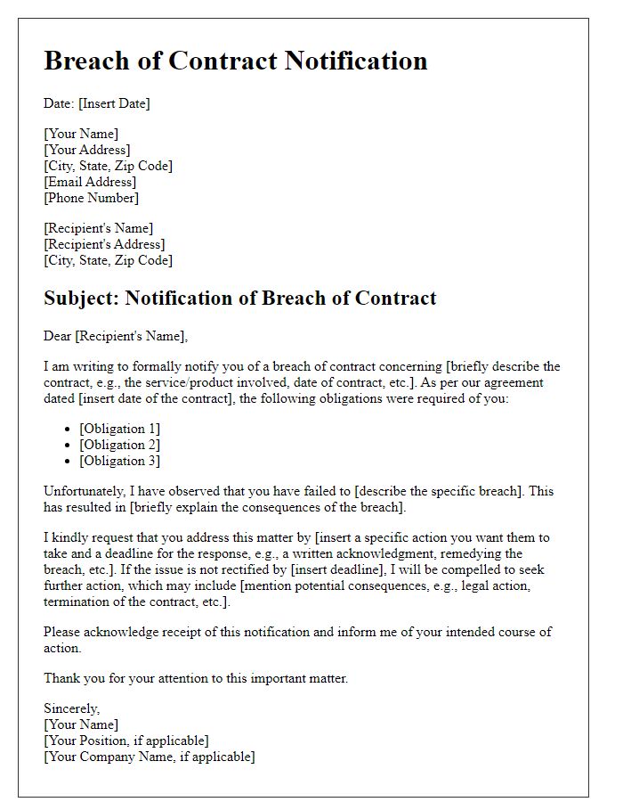 Letter template of breach of contract notification for formal communication.