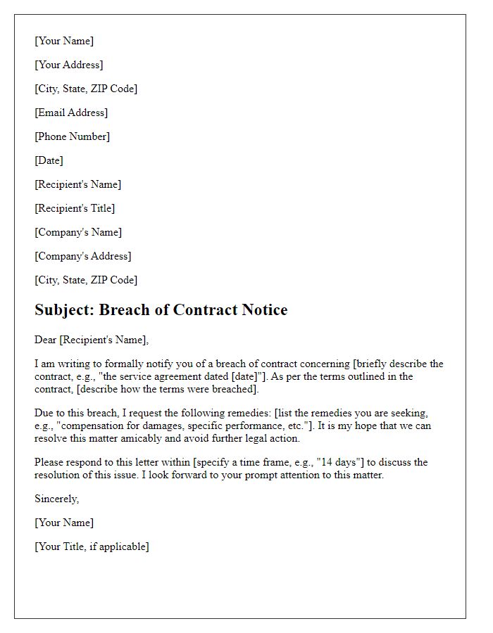 Letter template of breach of contract request for remedy.