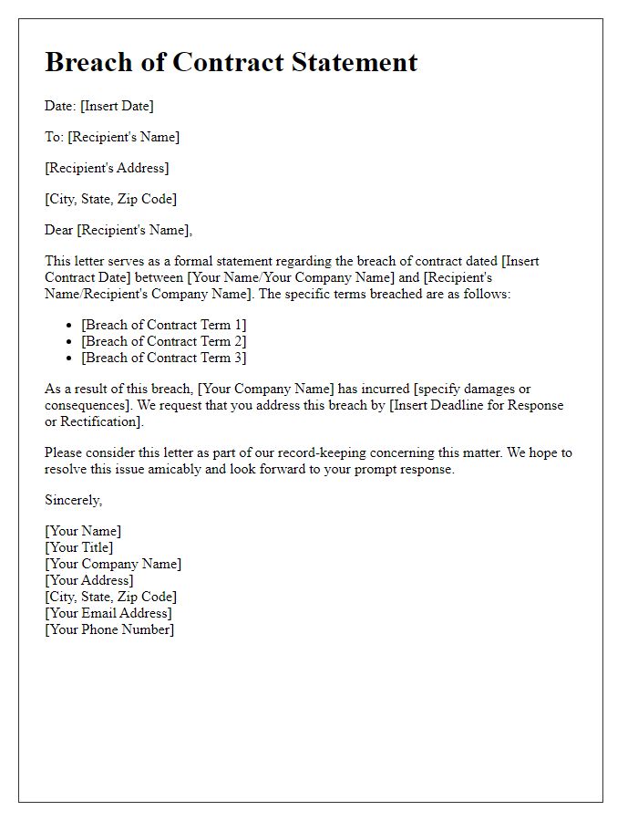 Letter template of breach of contract statement for record-keeping.