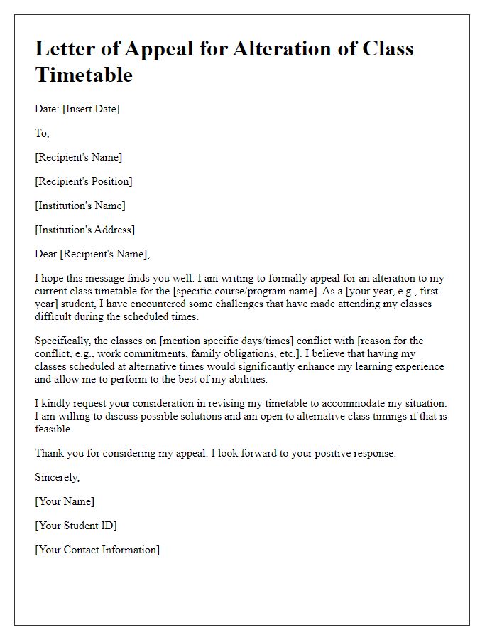 Letter template of appeal for alteration of class timetable