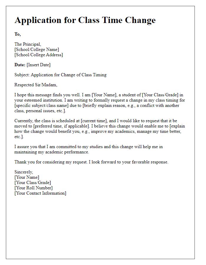 Letter template of application for class time change