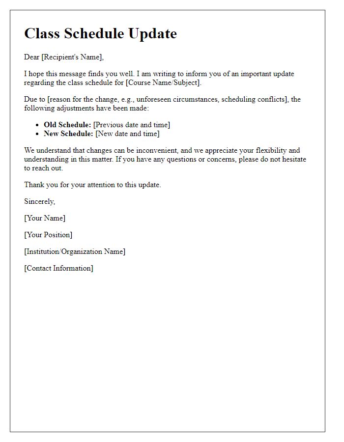 Letter template of communication regarding class schedule update