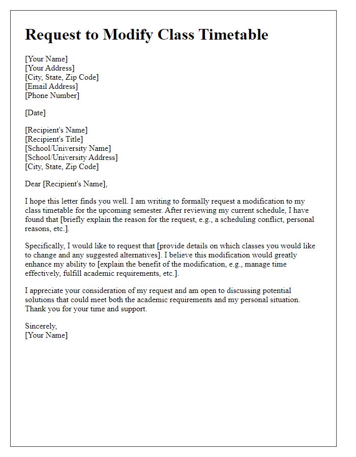 Letter template of formal request to modify class timetable