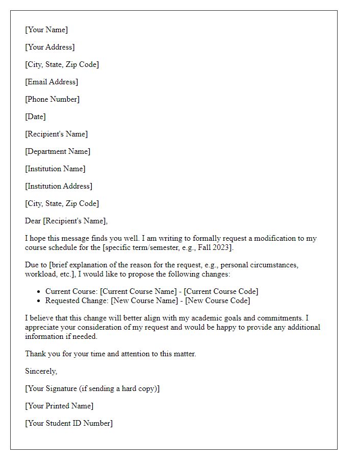 Letter template of submission for course schedule modification