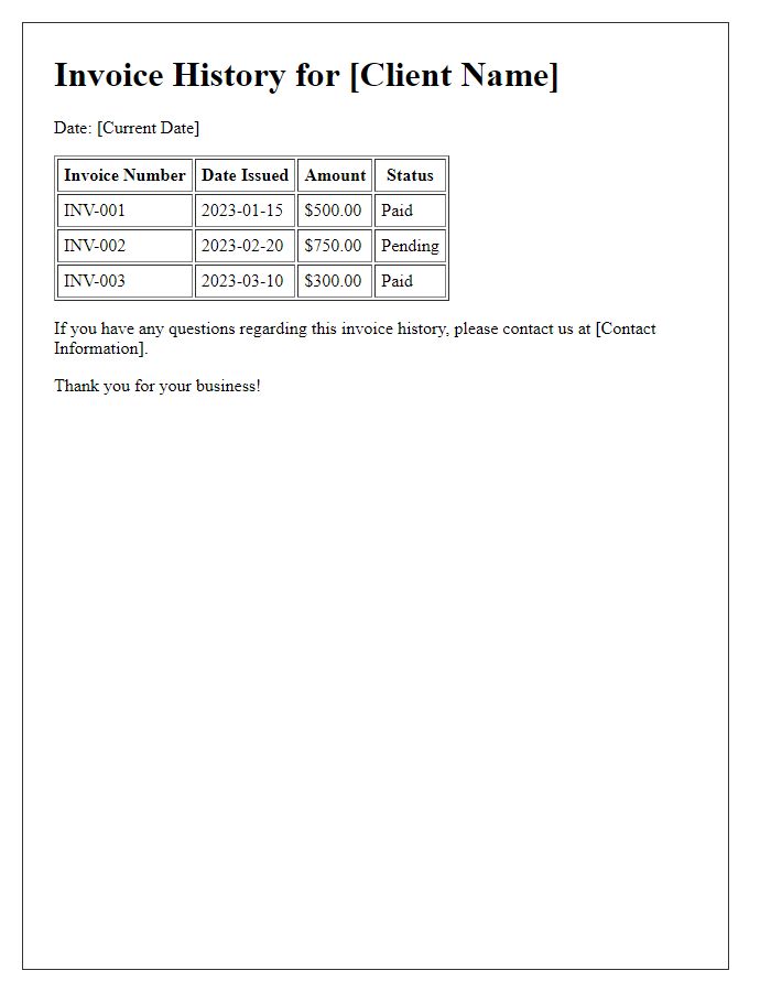 Letter template of client invoice history