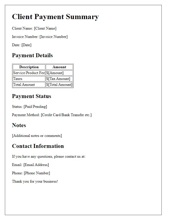 Letter template of client payment summary