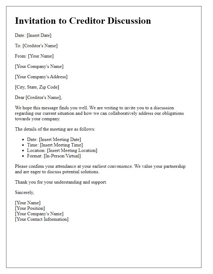 Letter template of Invitation to Creditor Discussion